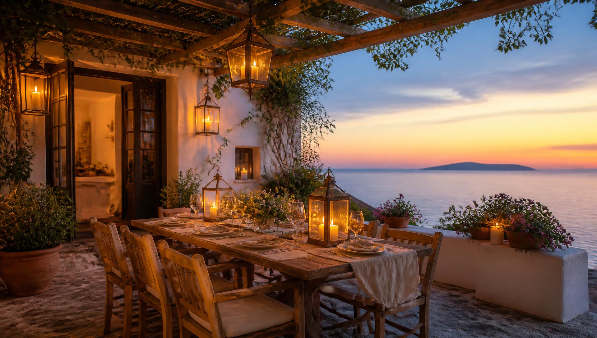 Mediterranean terrace at dusk with lanterns and a set dining table by the sea
