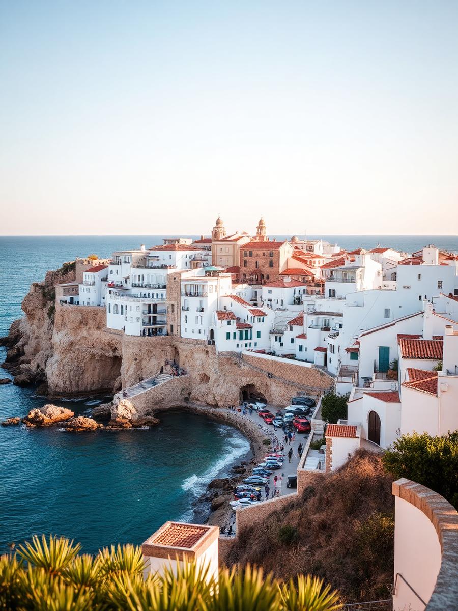 Whitewashed Spanish coastal town above the Mediterranean sea