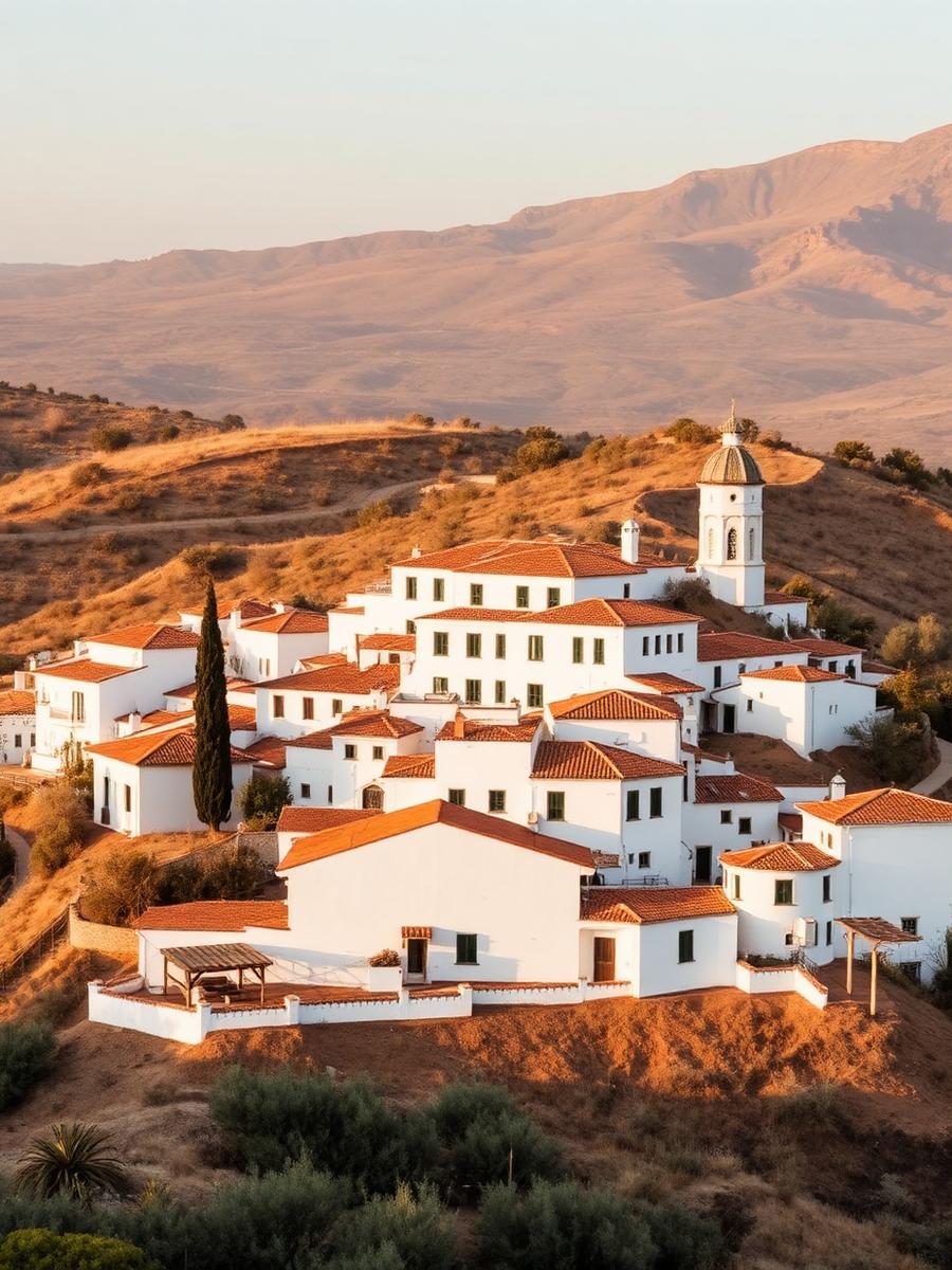 Sunlit Spanish coastal village with white houses and terracotta roofs