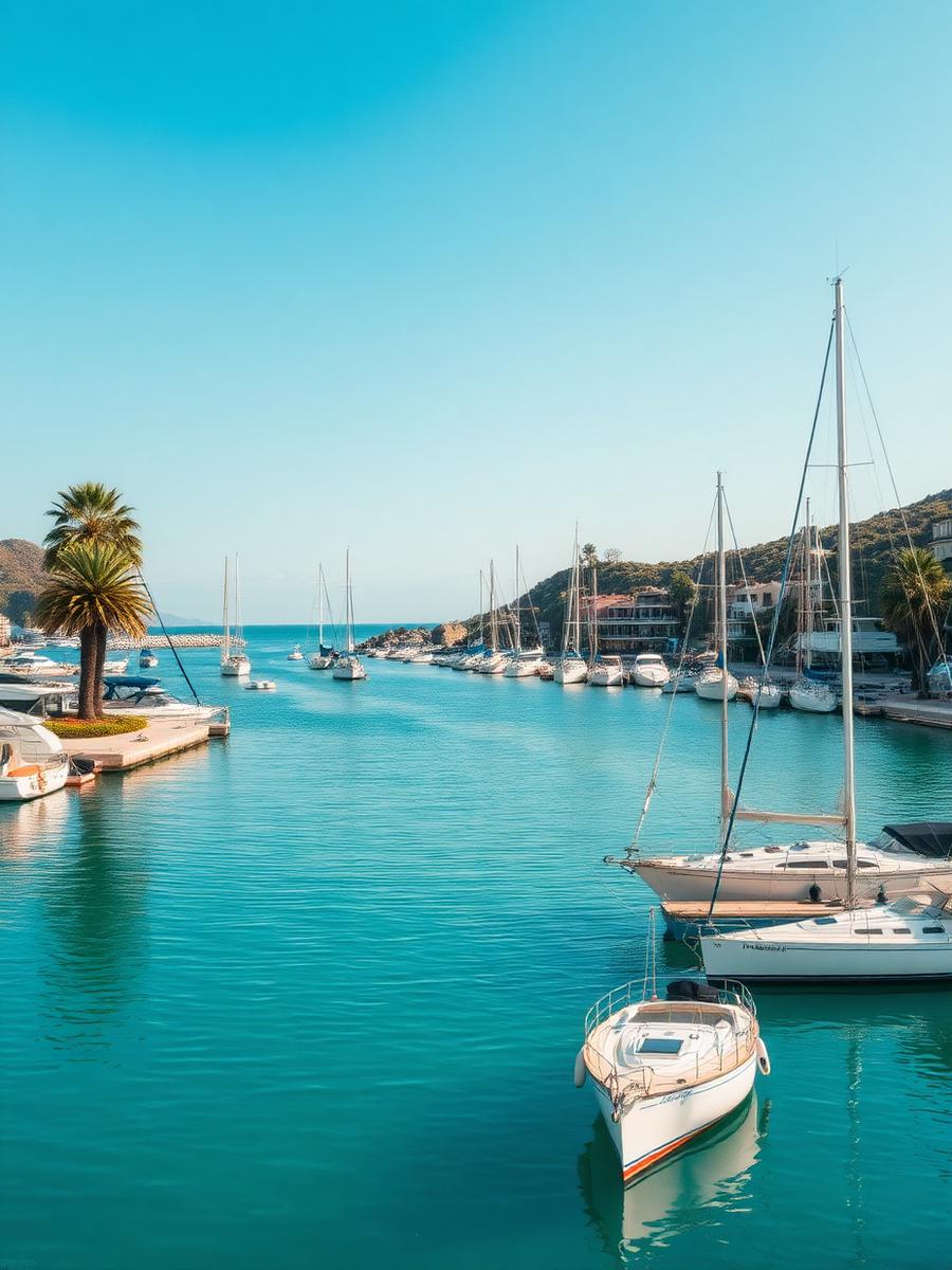 Mediterranean marina with sailing boats and turquoise water