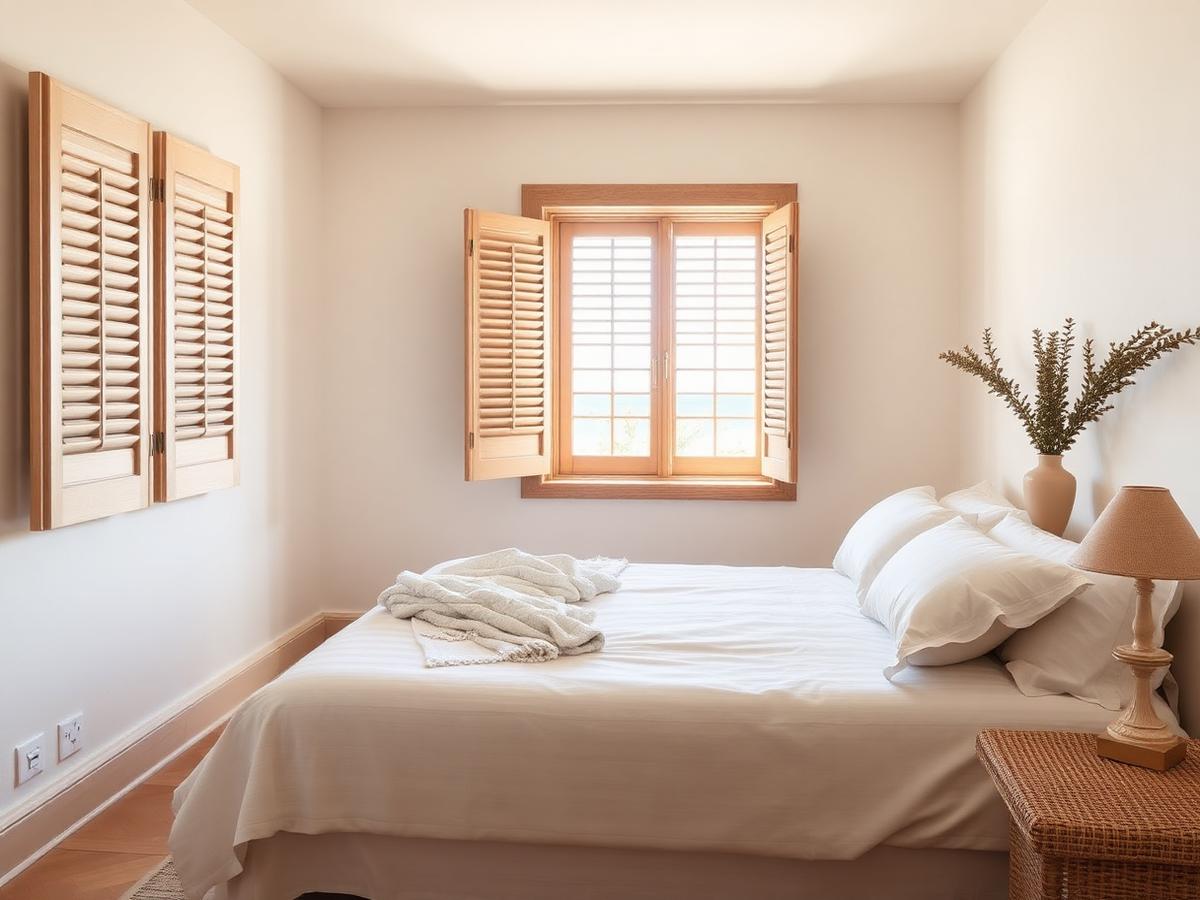 Calm Mediterranean bedroom with white linen and warm afternoon light