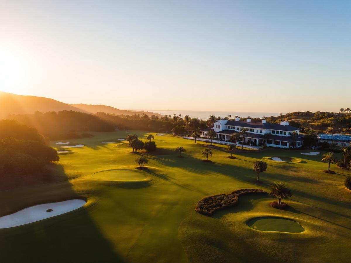 Aerial view of Los Naranjos Golf Club fairways in Marbella at golden hour