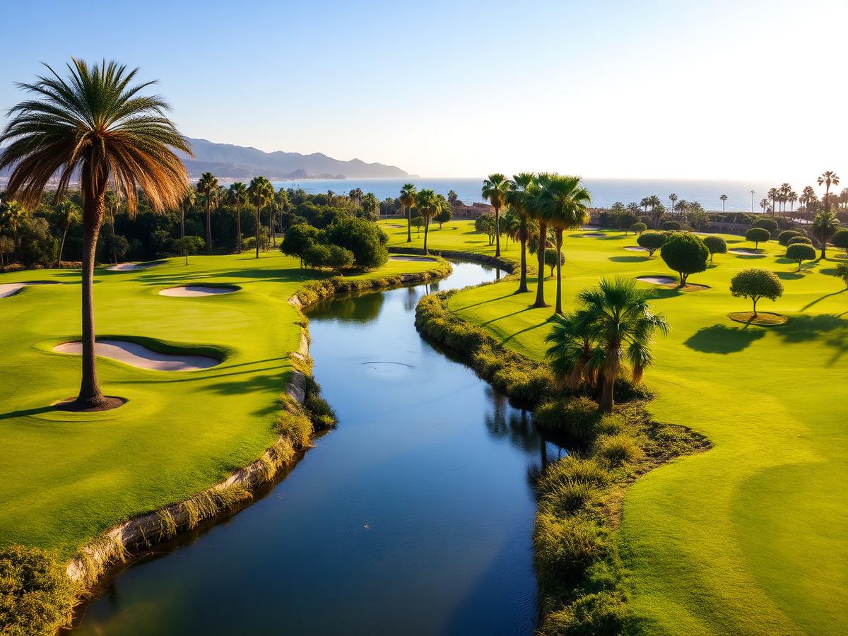Río Real Golf course with water features and the Mediterranean coastline in the distance