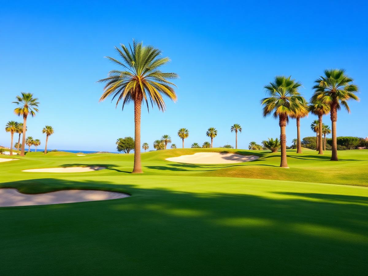 Santa Clara Golf Marbella fairway with manicured greens and palm trees under blue sky
