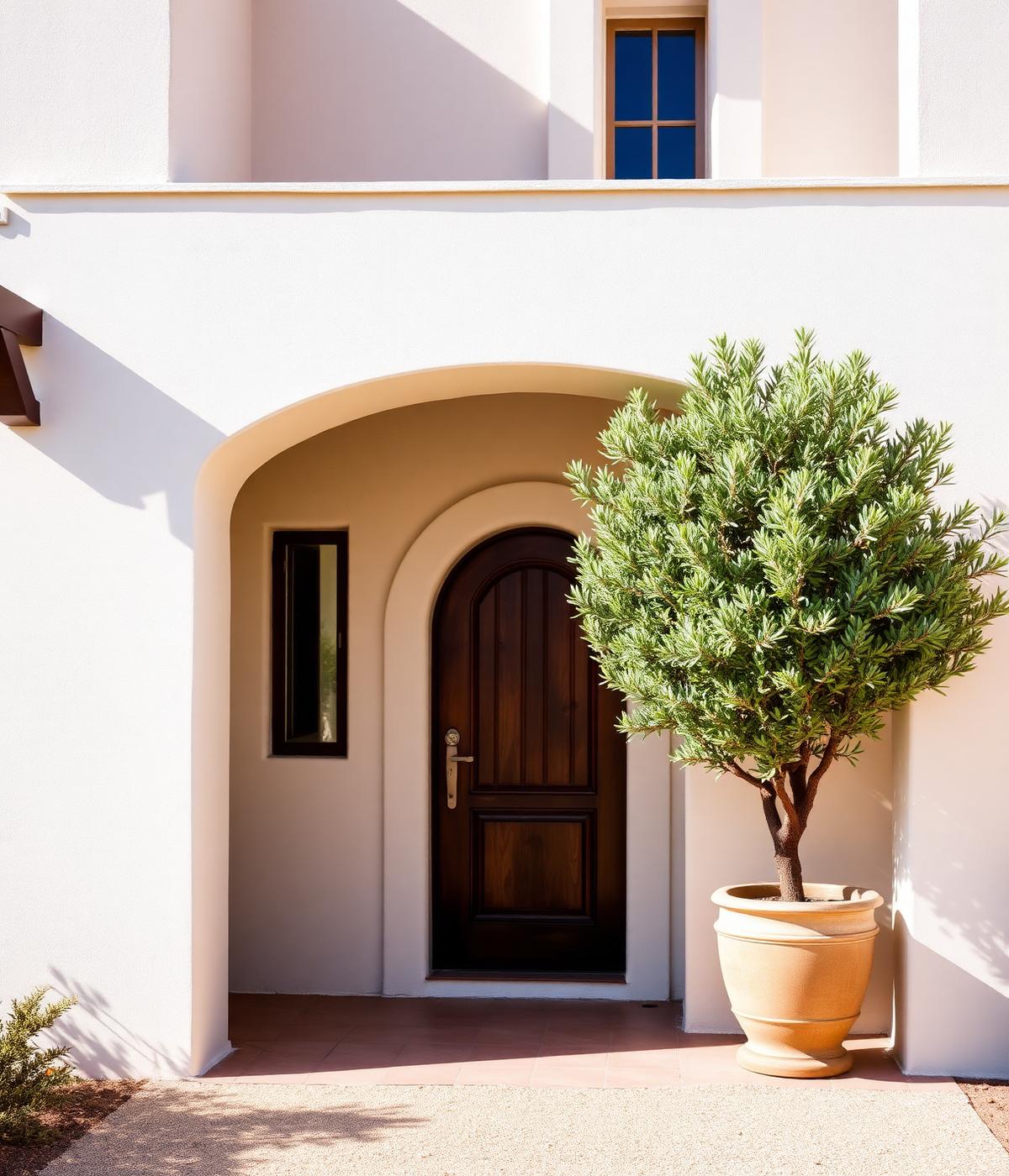 Entrance of a Spanish holiday home with a potted olive tree in warm sunlight