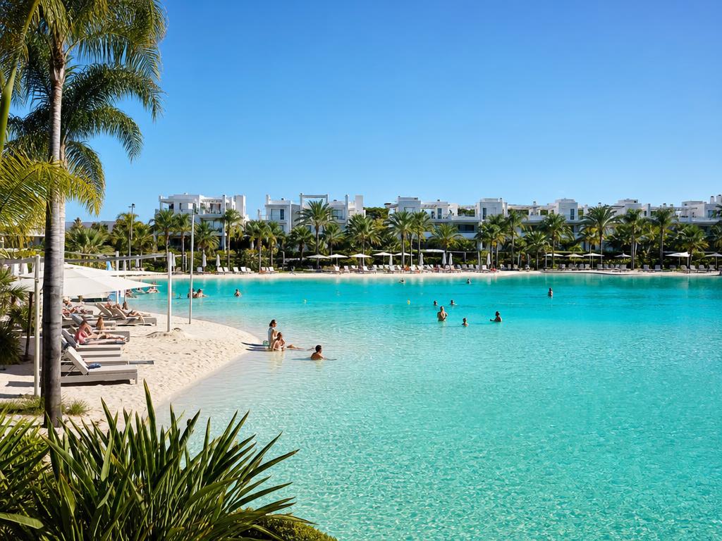 Large turquoise crystalline lagoon in Casares with white sandy beach, parasols, sunbeds and palm trees