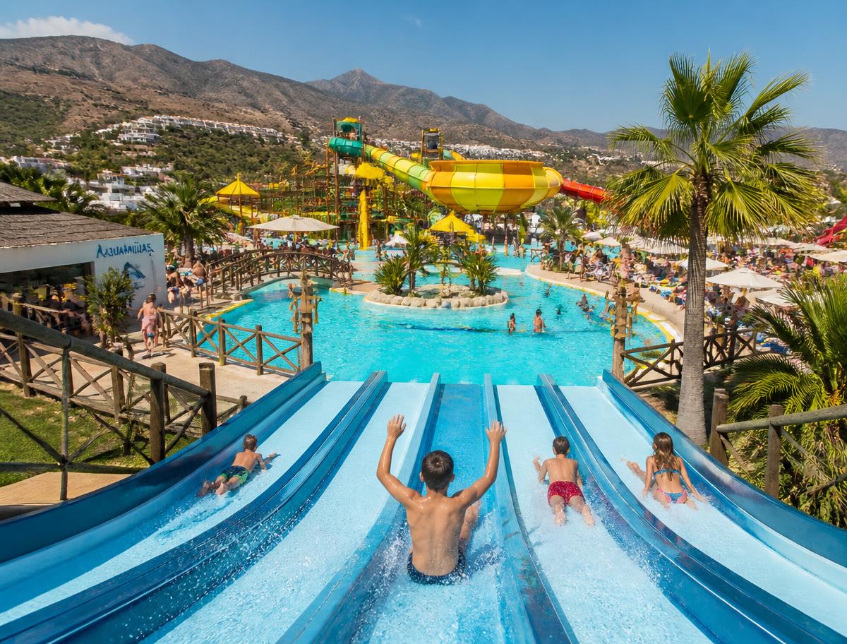 Colorful water slides and splash pools at AquaMijas water park on a sunny day
