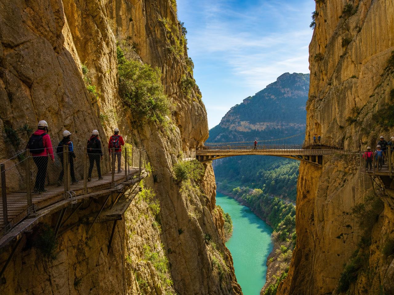 Several cliffside walkways and a suspended bridge of Caminito del Rey fixed to towering limestone walls above a deep turquoise gorge, with hikers for scale