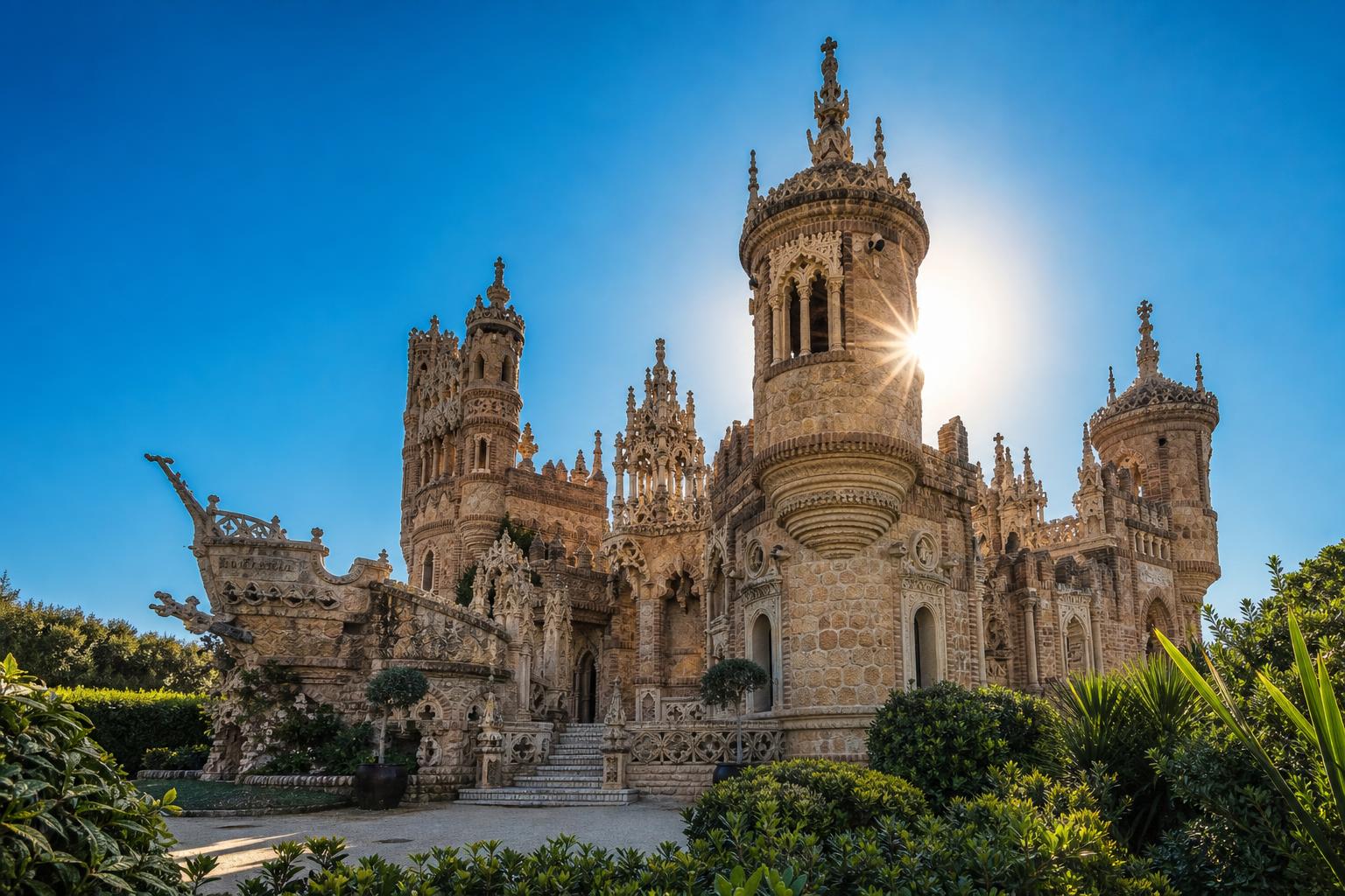 Castillo de Colomares in Benalmádena with ornate stone towers lit by warm golden sunlight and green gardens around it