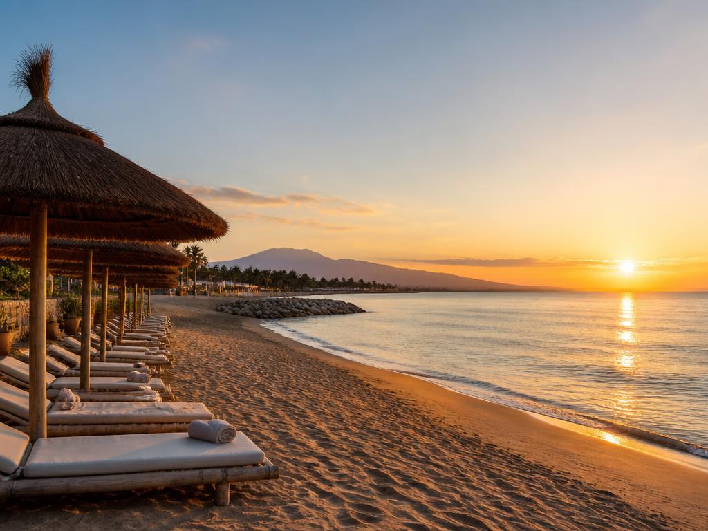Marbella beach at sunset with bamboo parasols and golden light over the Mediterranean