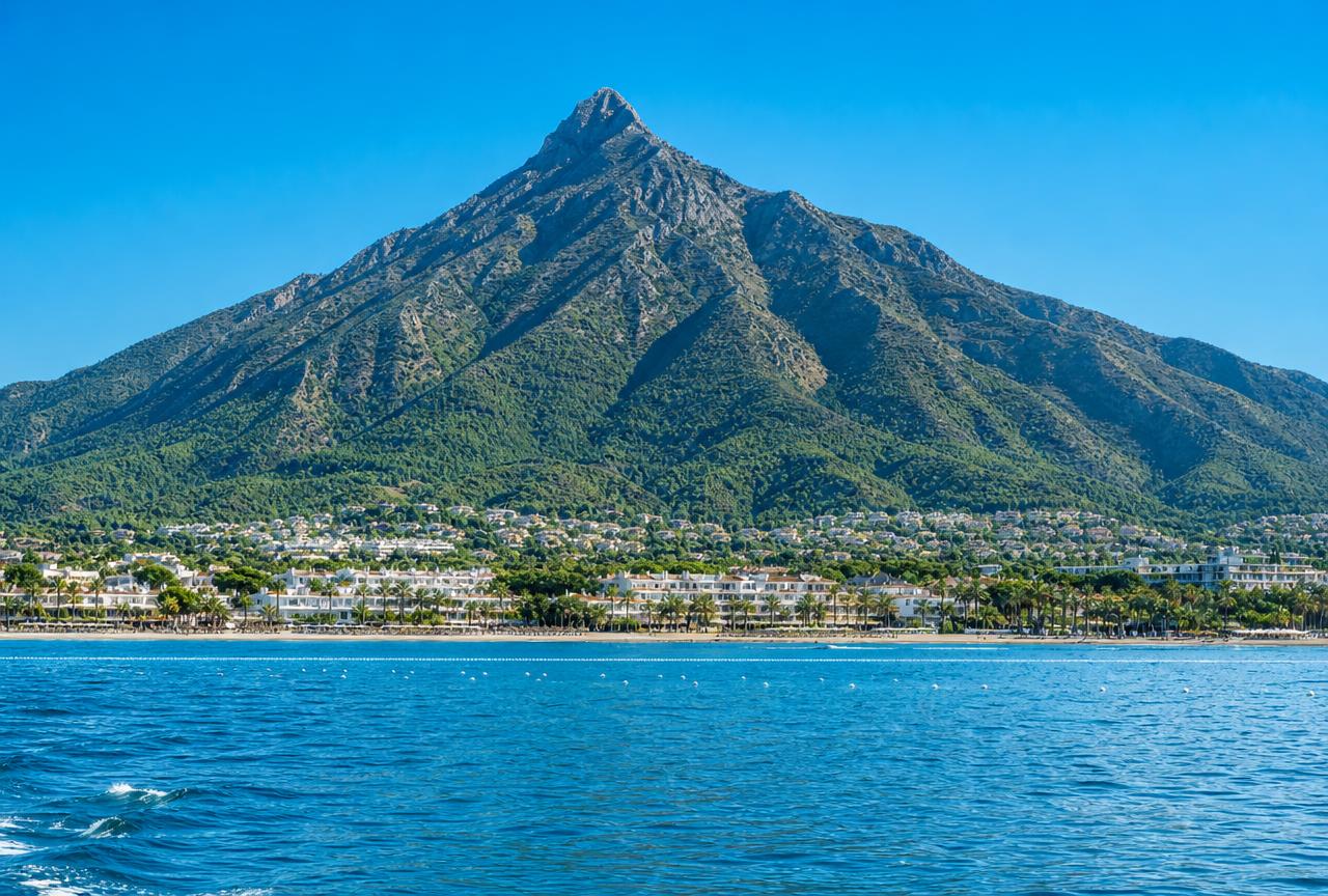 La Concha mountain viewed from the front with its iconic triangular pointed peak rising above Marbella, lush green slopes and the Mediterranean Sea beyond