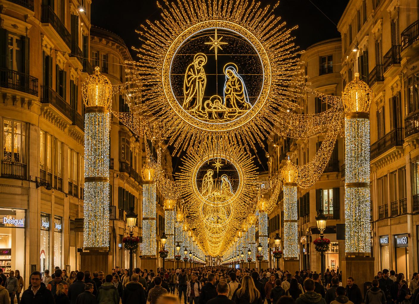 The long pedestrian street of Calle Marqués de Larios in Málaga during the famous Natividad de Luz Christmas installation, completely filled with huge illuminated golden Nativity medallions and stars stretching across the whole street, a dense canopy of warm golden upper lights and cool silver-white lower lights, historic façades and illuminated shops with people walking in a festive evening