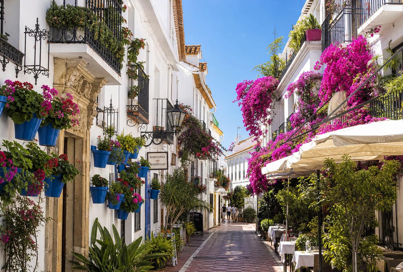 Charming whitewashed Marbella Old Town street with bougainvillea, flower pots on balconies and a bright Mediterranean sky