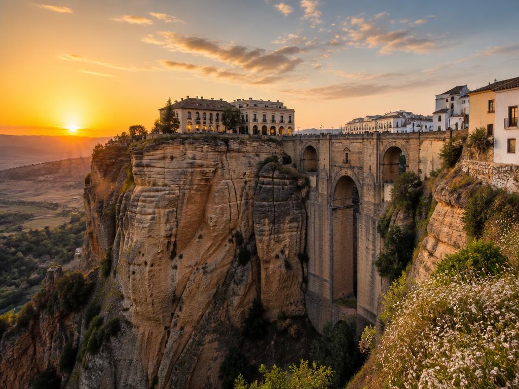 Puente Nuevo bridge over the El Tajo gorge in Ronda at sunset