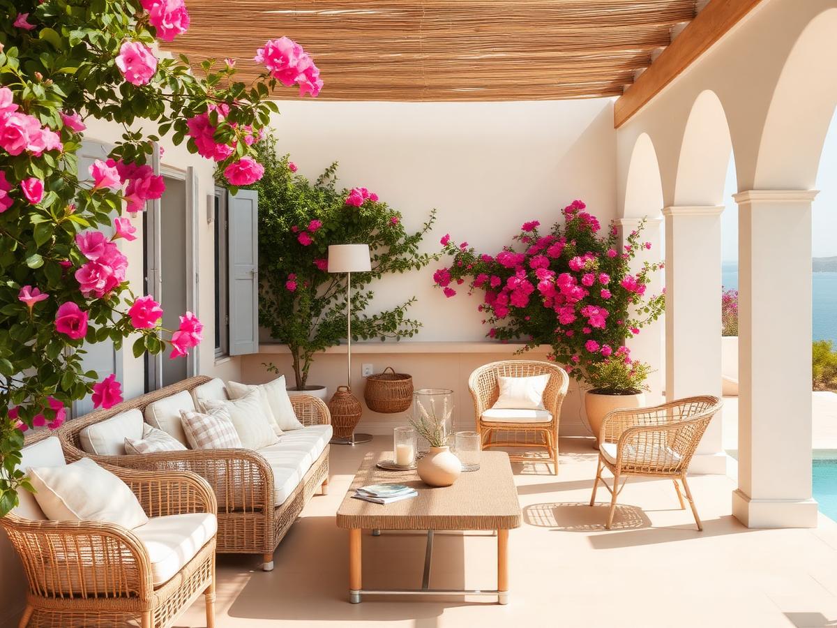 Shaded Mediterranean terrace with rattan furniture and sea views