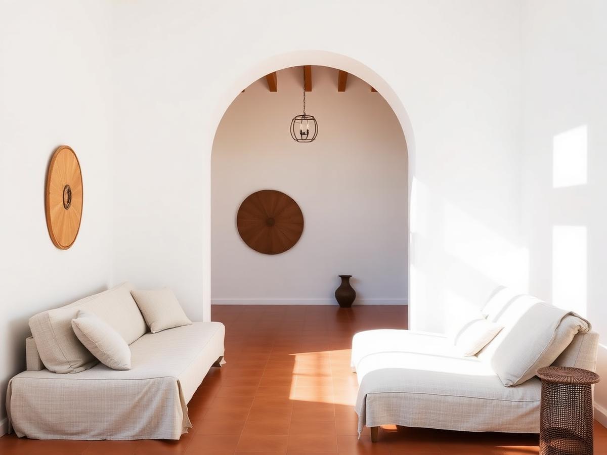 Bright Spanish holiday home interior with arched doorway and linen sofas