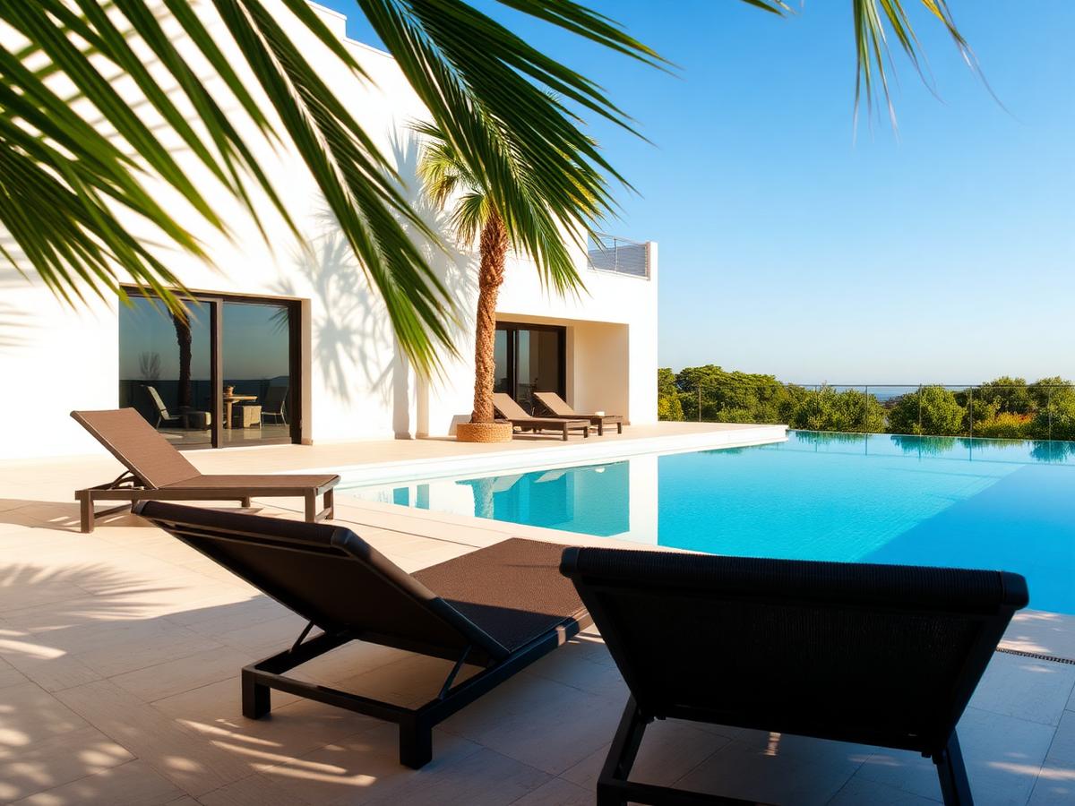 Private pool and sun loungers at a modern Spanish holiday villa